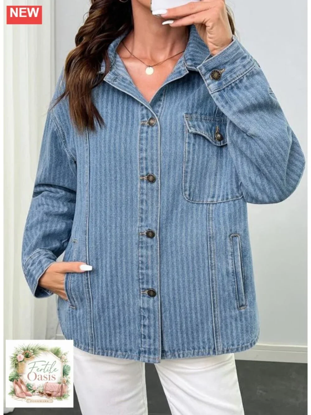 Striped Denim Shacket for Women Cotton Blend Button Down Shirt Jacket